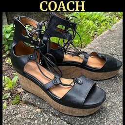 Lot 9SES- COACH Black Leather Lace Up Stappy Cork Wedge Heels Shoes - Womens Size 9