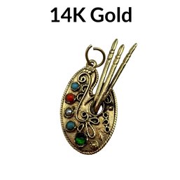 Lot 33WA- 14K Gold Artist Painters Palette Pendant - Turquoise - Coral - Pearl- Estate Jewelry RARE!