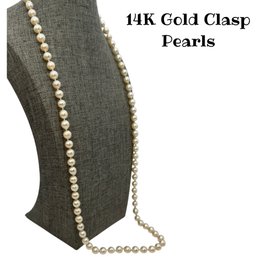 Lot 69WA- 14K Gold Clasp Pearl Knotted Necklace - 32 1/2 Inches - Classic & Beautiful