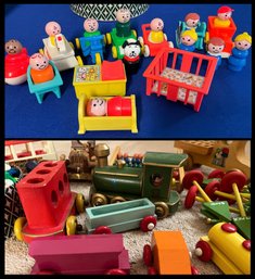 LOT 795 - 1980-90s Vintage Fisher Price People - Wood Cars - Toy Collection - Train Cars - Trailers - Abacus