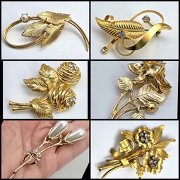 Lot 977LC - Six Costume Gold Brooches - Flowers, Faux Pearl & Rhinestones