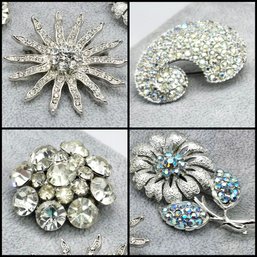 Lot 907LC - Sparklies!!! Four Rhinestone & Crystal Brooches - Clear & Aqua Rhinestones