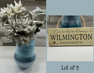 Lot 422 - Selection Of Home Decor Blue Vase With Artificial Flowers - Town Home Sign - Wilmington, MA