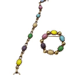 Lot 931LC - 1960s Pastel Multicolor Color Cabocons Pin & Matching Bracelet - Costume Gold