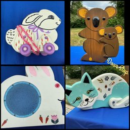 Lot 409 - Hand Crafted Wooden Door Stops -  Bank - Brown Koala, Pull Toy Cat, 2 Bunnies