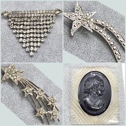 Lot 965WA - Shooting Star Brooches 1 Signed Lancer, Rhinestone Triangular Pin And Black Costume Cameo Brooch