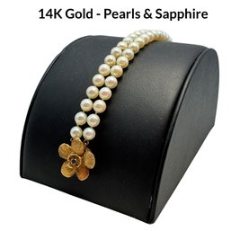 Lot 27WA- 14K Gold - Double Strand Pearls And Sapphire Vintage Bracelet - Tested - Flower Closure