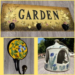 Lot 402JO - Garden Sign Tin With Hanging Hooks, Yellow Tile Flower Design Hook, Pottery Bird Feeder