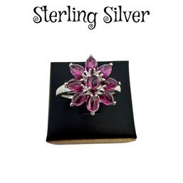 Lot 5SES- Sterling Silver Pink Cabochon Flower Ring Size 9