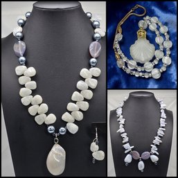 Lot 904A - Genuine Stones, 3 Crystals Necklaces With Perfume Bottle And Earrings