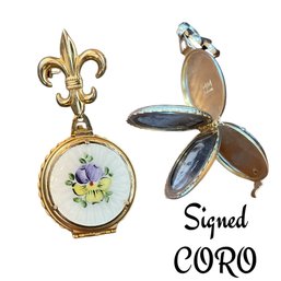Lot 9LO- Coro Signed Fleur Di Lis Enamel Flower Photo Locket Brooch - Holds 4 Photos!  Vintage Estate Jewelry