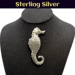 Lot 12- Sterling Silver Vintage Sea Horse Ocean Creature Brooch - 2 1/4 Inches