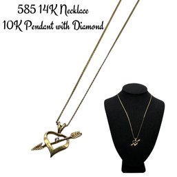Lot 33LO- 14K 585 Gold Necklace - 10K Gold Heart Pendant And Diamond - Tested