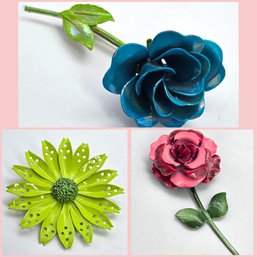 Lot 810LC - Fun! Vibrant Three Enamel Flower Brooches - Lime Green Daisy - Aqua & Pink Roses