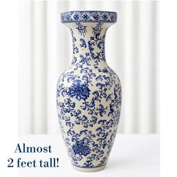Lot 269 - 1980s Beautiful Cobalt Blue / White Chinese Style Ceramic Tall Trumpet Flared Statement Vase
