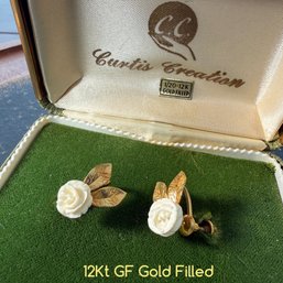 Lot 471LC - Curtis Creation 12 KT GF Gold Filled White Rose - Mid Century In Box Clip On Earrings
