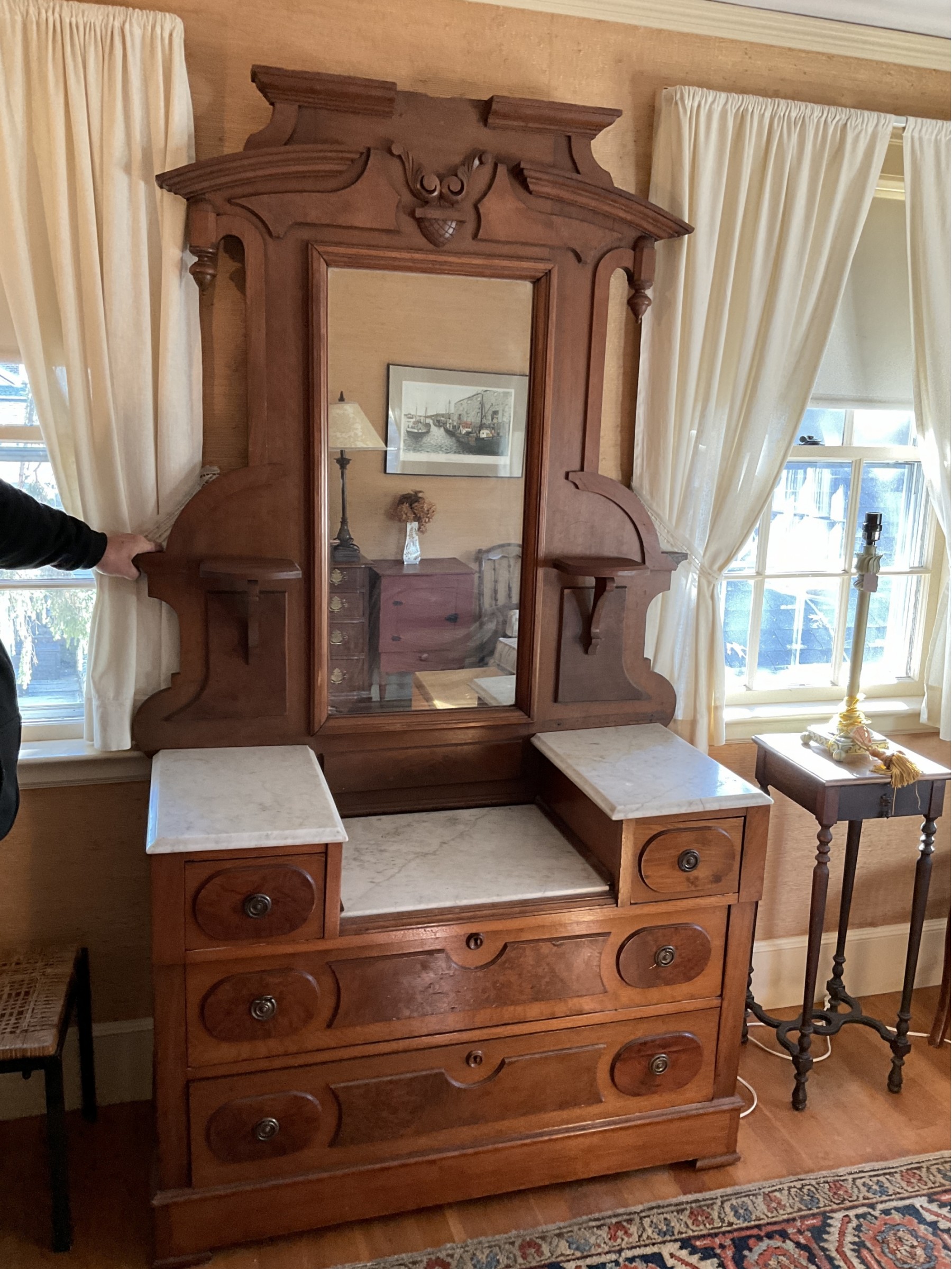Lot 11- RARE Antique Eastlake American Renaissance Victorian Vanity Dresser,  Marble Top - Tall Mirror #2311 | Auctionninja.com, image size:1800x2399