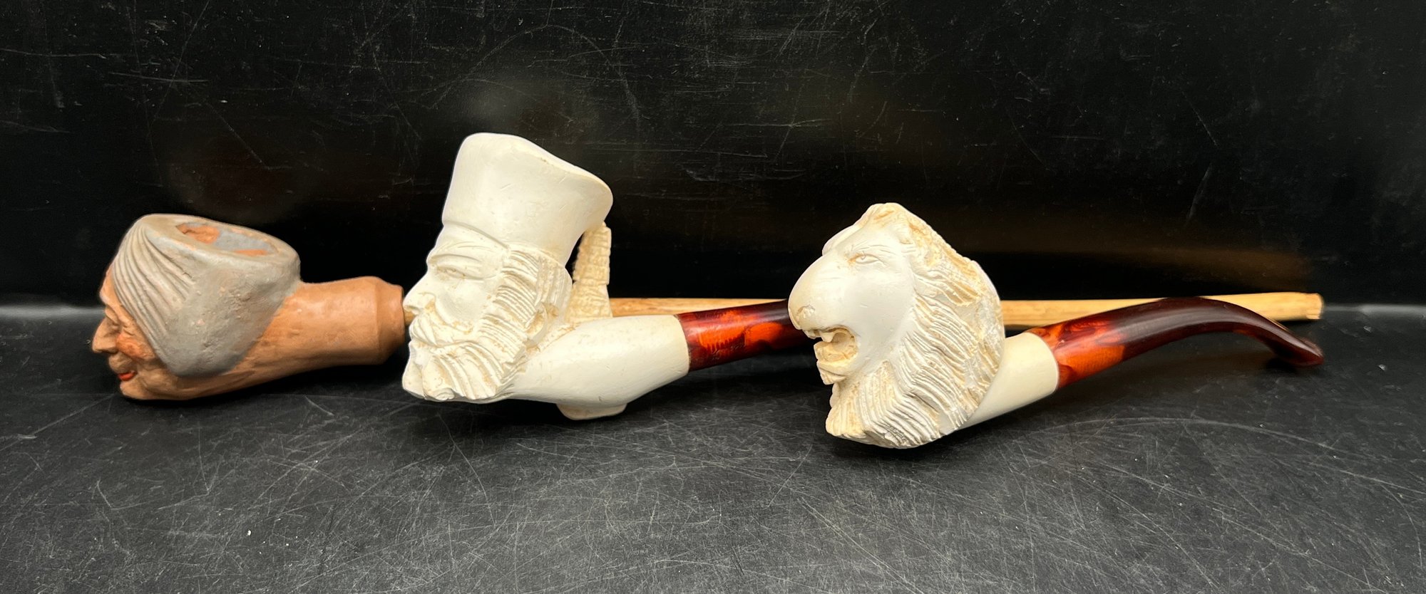 Vintage Figural Meerschaum And Clay Smoking Pipe Trio Lion Sultan And ...