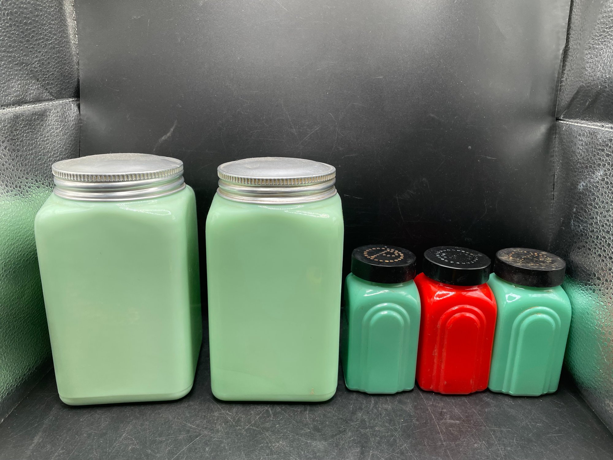 Red Scissors Set Jadeite And Red Milk Glass Kitchen Spice Canister & Shaker Set 5 Pcs ...