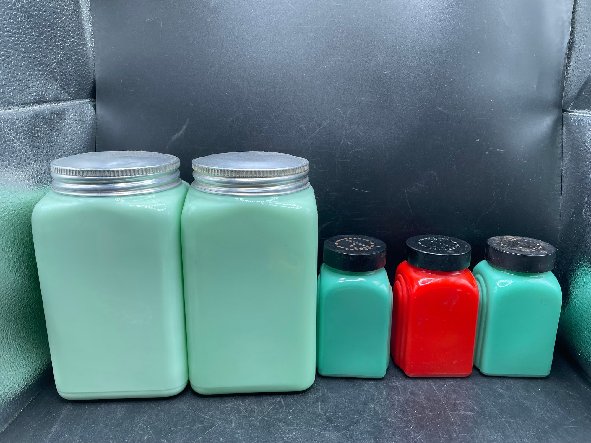 Red Scissors Set Jadeite And Red Milk Glass Kitchen Spice Canister & Shaker Set 5 Pcs ...