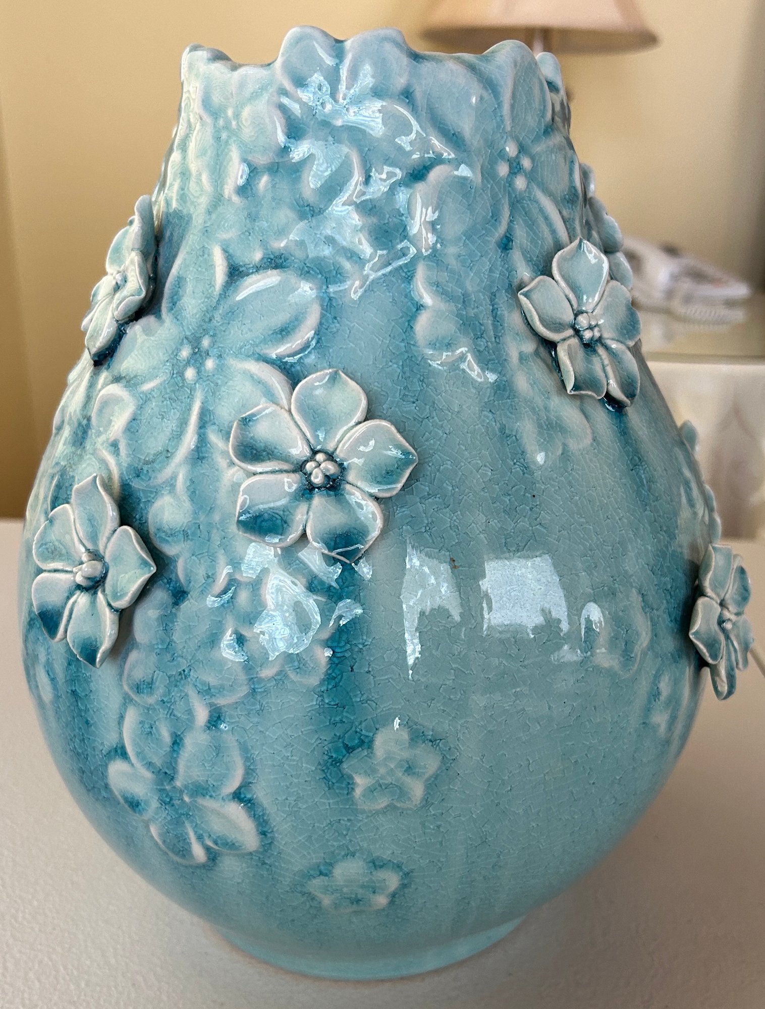 Pier 1 Imports Blossoms Aqua Ceramic Vase #112117 | Auctionninja.com