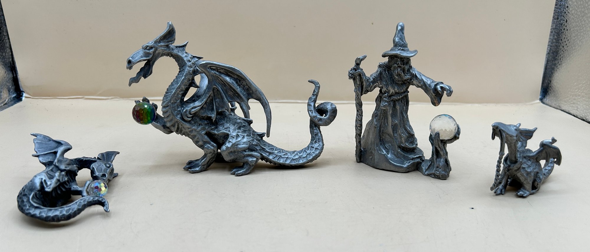 Vintage Spoontiques Pewter Figurines Featuring A Wizard And Dragons, 4 ...