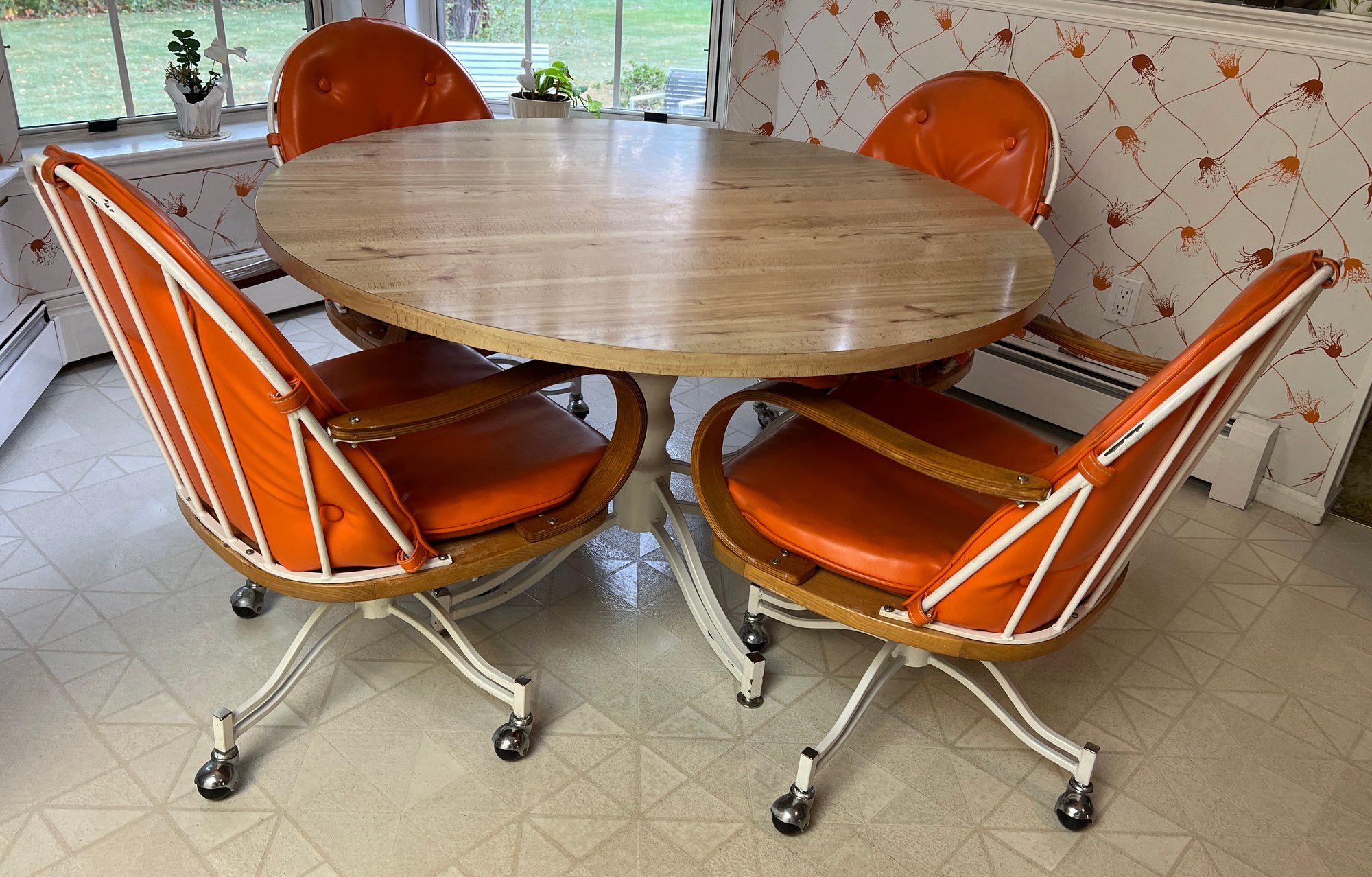 Vintage Mid Century Kitchen Table With Rolling Chairs - 5 Pieces ...