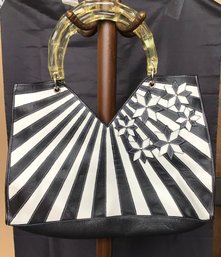 Bold Black & White Geometric Stripe Design Faux Leather Hand Bag With Lucite Handle