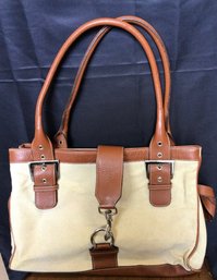 Beige Canvas And Brown Leather Shoulder Bag