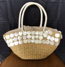 Two's Company Woven Wicker Handbag Featuring White Shell Appliques
