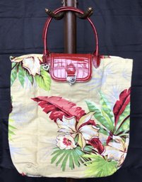Vintage Brighton Tropical Print Barkcloth Tote With Red Crocodile-embossed Leather Handles