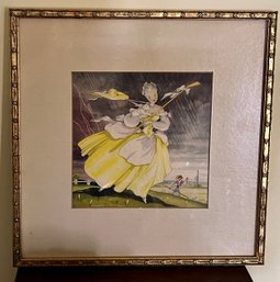 Illustrated Print Of Woman In Yellow Dress In Stormy Weather