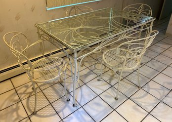 Vintage Wrought Iron Dining Table With Glass Top And Four Chairs, 5 Pieces