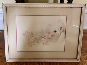 Blue-Eyed White Cat And Pink Blossoms Art Print
