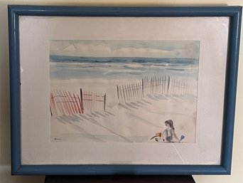 Watercolor Painting Of Coastal Beach Scene Signed Atlas Framed