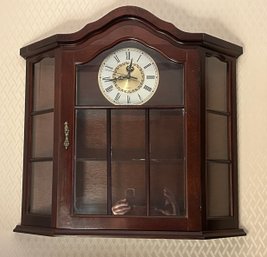 Vintage Wooden Wall-Hanging Curio Clock Cabinet With Beveled Glass Sides