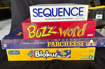 Assorted Vintage Board Games: Sequence, Blokus, Parcheesi, Buzz Word Deluxe Strategy, 4 Games