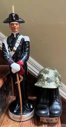 Galliano Soldier Figural Decanter And Jim Beam Military Helmet & Boots Decanter Lot - 2 PCs
