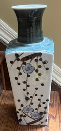 Japanese Ceramic Square Vase With Hand-Painted Plum Blossom Design And Maker's Mark