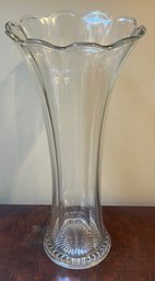 Clear Glass Fluted Trumpet Vase With Scalloped Rim And Starburst Base