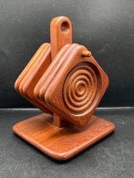 Mid-Century Modern Teak Wood Coaster Set With Vertical Caddy