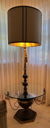 Mid-Century Hollywood Regency Floor Lamp With Integrated Glass Table And Extra Tall Drum Shade, Circa 1960s