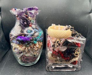 Mystery Blind Jewelry Lot Featuring A Glass Jar Filled With Assorted Costume Pieces.