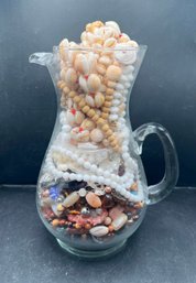 Mystery Vintage Jewelry Lot! Beautiful Glass Pitcher Packed With Colorful Estate Beads.