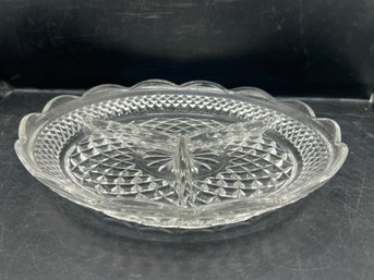 Pressed Glass 3-Section Divided Relish Tray With Diamond Point Pattern