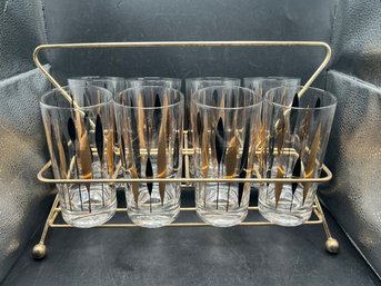Mid-Century Modern Culver Style Black And Gold Atomic Diamond Glassware Set With Caddy - 8 Glasses
