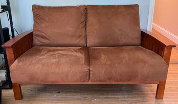 Mission Style Suede Loveseat With Cherry Finish Wood Frame