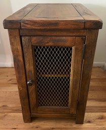 Rustic Wood Side Table With Brass Mesh Door And Interior Storage Cabinet - Pair Of 2