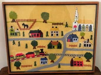 Folk-Style Needlepoint Wall Art: Quaint Village & Steam Train Scene