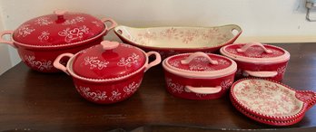 Temp-Tations By Tara Floral Lace Pattern Stoneware Bakeware Set, 7 Pieces